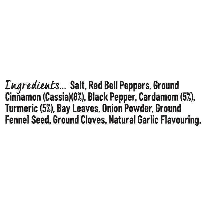 An ingredient list for Schwartz Pilau Rice Seasoning 65G featuring salt, red bell peppers, ground cinnamon, black pepper, cardamom, turmeric, bay leaves, onion powder, ground fennel seed, ground cloves, and natural garlic flavoring.
