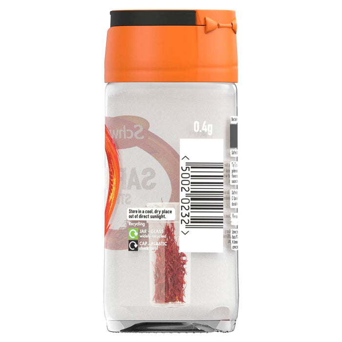 A clear glass jar of Schwartz Saffron Strands 0.4G featuring a small inner vial of red saffron threads and a barcode on the label.