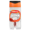 A clear glass jar of Schwartz Saffron Strands 0.4G featuring an orange and black lid and a small vial of red saffron threads visible inside.