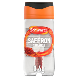 A clear glass jar of Schwartz Saffron Strands 0.4G featuring an orange and black lid and a small vial of red saffron threads visible inside.