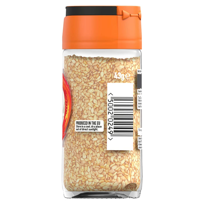 The back of a glass jar of Schwartz Sesame Seeds, 43G, shows the barcode and storage instructions.