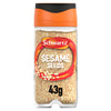 A clear jar filled with sesame seeds, featuring the label for Schwartz Sesame Seeds, 43G, is shown against a white background.