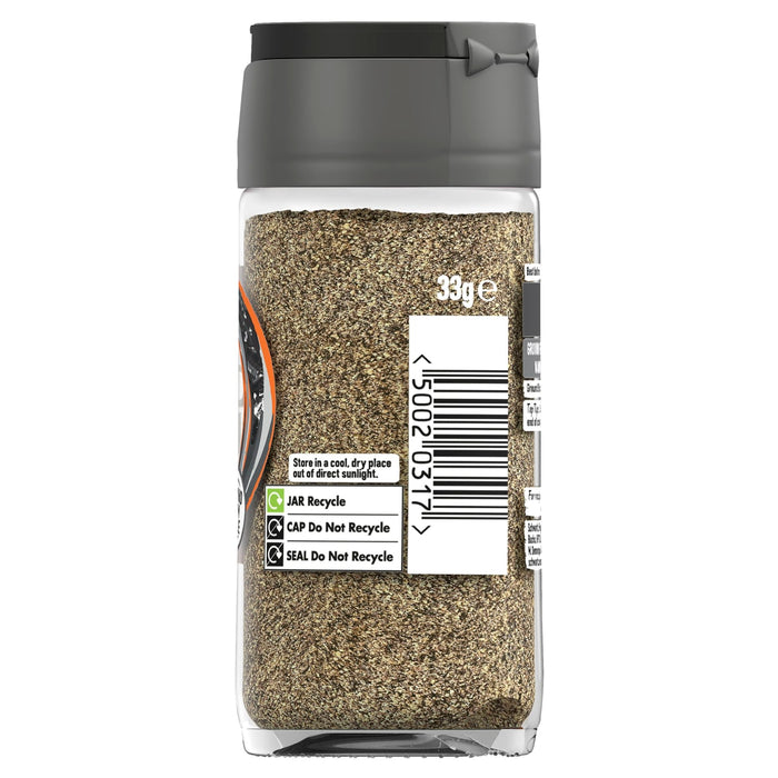A Schwartz Ground Black Pepper 33G Jar, displaying its back label with 33g net weight, a barcode, storage instructions, and recycling details for the jar, cap, and seal.