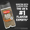A jar of Schwartz Ground Black Pepper, 33G is displayed against a dark background with the marketing claim, Bursting with flavour from the UK's #1 flavour experts.