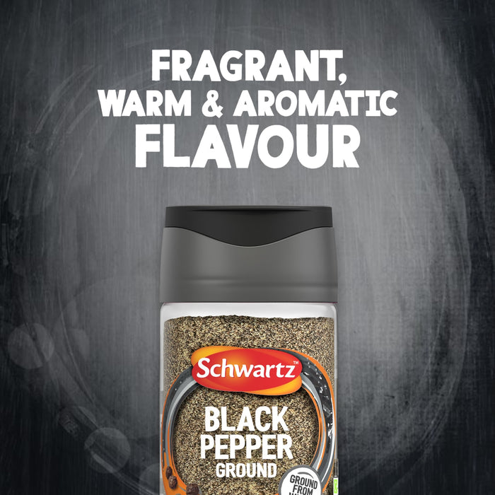 An advertisement for Schwartz Ground Black Pepper, 33G, shows the jar against a dark background with the words Fragrant, Warm & Aromatic Flavour written above.
