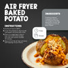 An infographic recipe card shows how to make an air fryer baked potato, which is seasoned with ingredients like Schwartz Ground Black Pepper, 33G, before being topped with baked beans and cheese.
