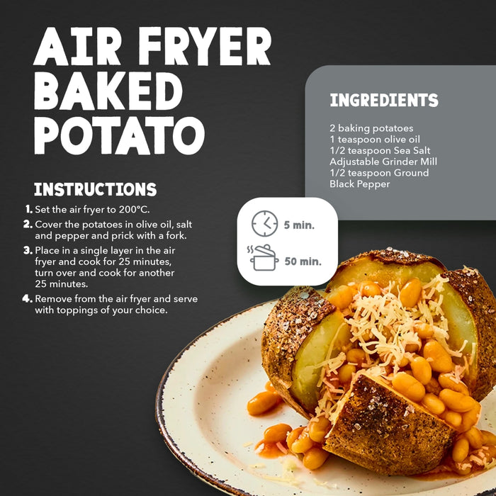 An infographic recipe card shows how to make an air fryer baked potato, which is seasoned with ingredients like Schwartz Ground Black Pepper, 33G, before being topped with baked beans and cheese.