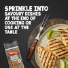 A jar of Schwartz Ground Black Pepper, 33G is shown next to a plate of grilled chicken with lime, illustrating the suggestion to sprinkle it on savoury dishes.