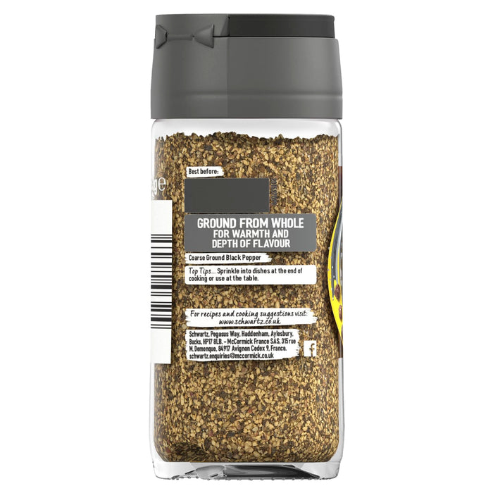 A clear glass jar of Schwartz Black Pepper Mild Coarse Ground 33G showing the coarse texture of the spice through the bottle and a grey flip-top lid.