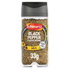A clear glass jar of Schwartz Black Pepper Mild Coarse Ground, 33G features a grey flip-top lid and a label showing the coarse pepper flakes inside.