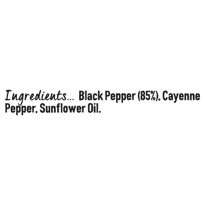A graphic listing the ingredients for Schwartz Black And Red Pepper, 45G which include black pepper at 85 percent, cayenne pepper, and sunflower oil.