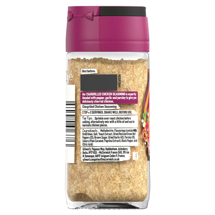 The back label of a glass jar of Schwartz Pepper & Garlic Chargrilled Chicken Seasoning 51G displays the ingredients, usage tips, and company information.