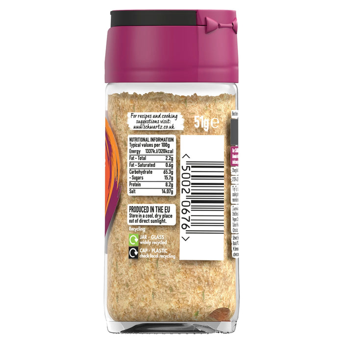 The back of a glass jar of Schwartz Pepper & Garlic Chargrilled Chicken Seasoning 51G, showing the nutritional information, barcode, and recycling instructions.