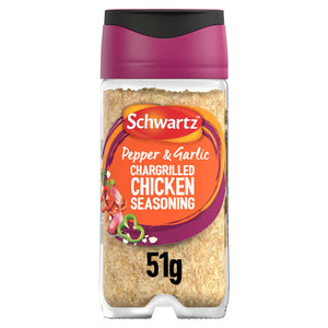 A clear plastic jar of Schwartz Pepper & Garlic Chargrilled Chicken Seasoning 51G is shown against a white background, featuring a purple and black lid.