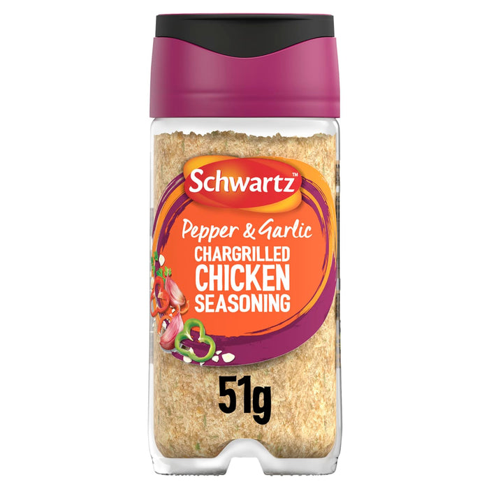 A clear plastic jar of Schwartz Pepper & Garlic Chargrilled Chicken Seasoning 51G is shown against a white background, featuring a purple and black lid.