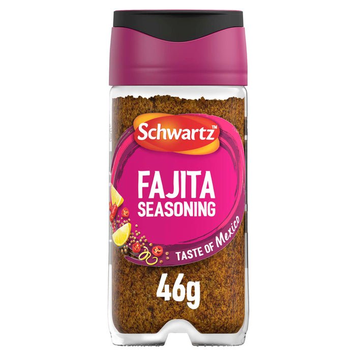 A clear glass jar of Schwartz Fajita Seasoning 46G is shown, featuring a vibrant pink label and a magenta and black cap, against a white background.