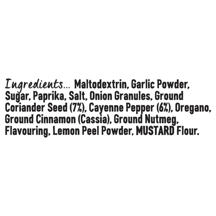 The ingredients list for Schwartz Fajita Seasoning 46G, which includes maltodextrin, garlic powder, sugar, paprika, and various other spices.