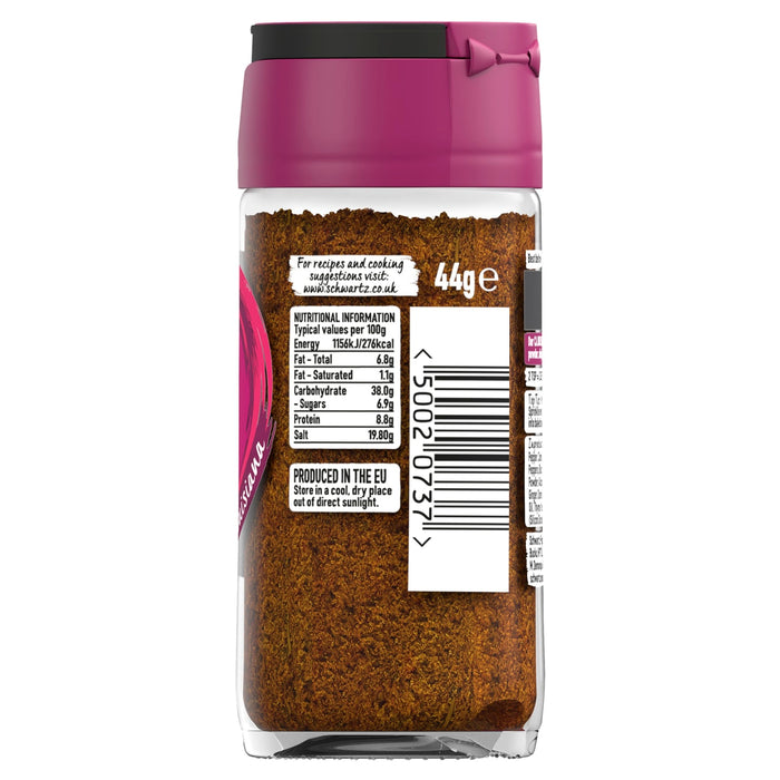 The back of a glass jar of Schwartz Cajun Seasoning 44G is shown, displaying the nutritional information, barcode, and brand website against a white background.