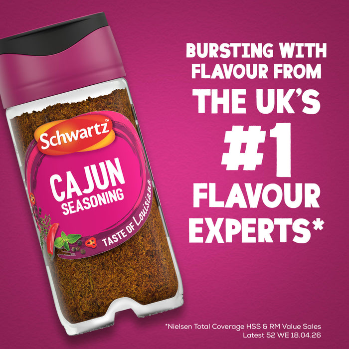 A bottle of Schwartz Cajun Seasoning 44G is displayed against a vibrant purple background with text highlighting the brand as the UK number one flavour experts.