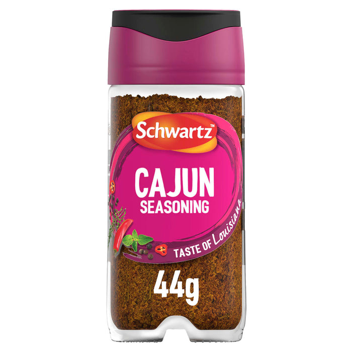 A clear glass jar of Schwartz Cajun Seasoning 44G, with a magenta and black lid, is shown against a white background.