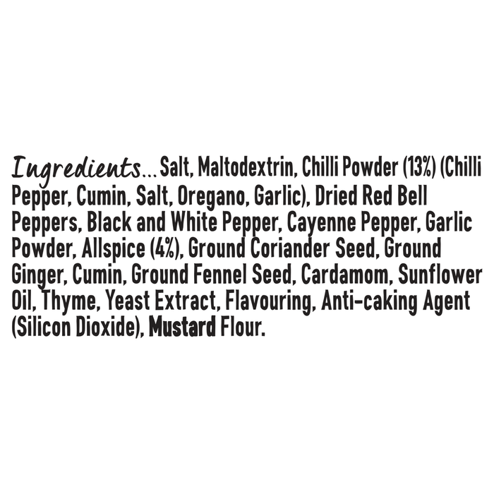 The ingredients list for Schwartz Cajun Seasoning 44G, detailing components such as salt, maltodextrin, and chilli powder.