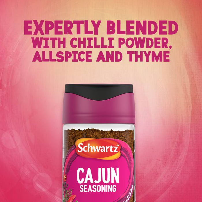 A promotional graphic for Schwartz Cajun Seasoning 44G highlighting that it is expertly blended with chilli powder allspice and thyme against a textured pink background.
