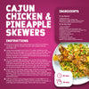 This recipe infographic for Cajun chicken and pineapple skewers features Schwartz Cajun Seasoning 44G as a key ingredient for the marinade and provides step by step instructions for preparing the dish with a colorful rice salad.