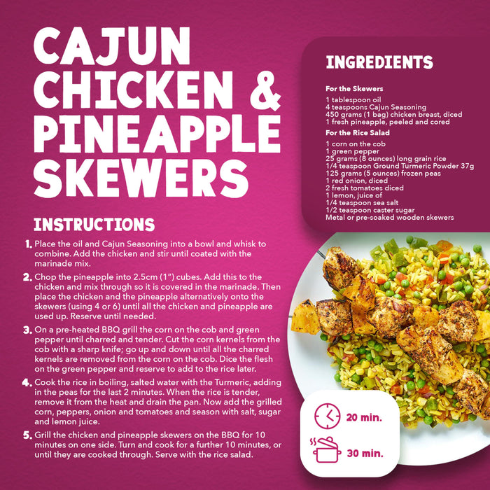 This recipe infographic for Cajun chicken and pineapple skewers features Schwartz Cajun Seasoning 44G as a key ingredient for the marinade and provides step by step instructions for preparing the dish with a colorful rice salad.