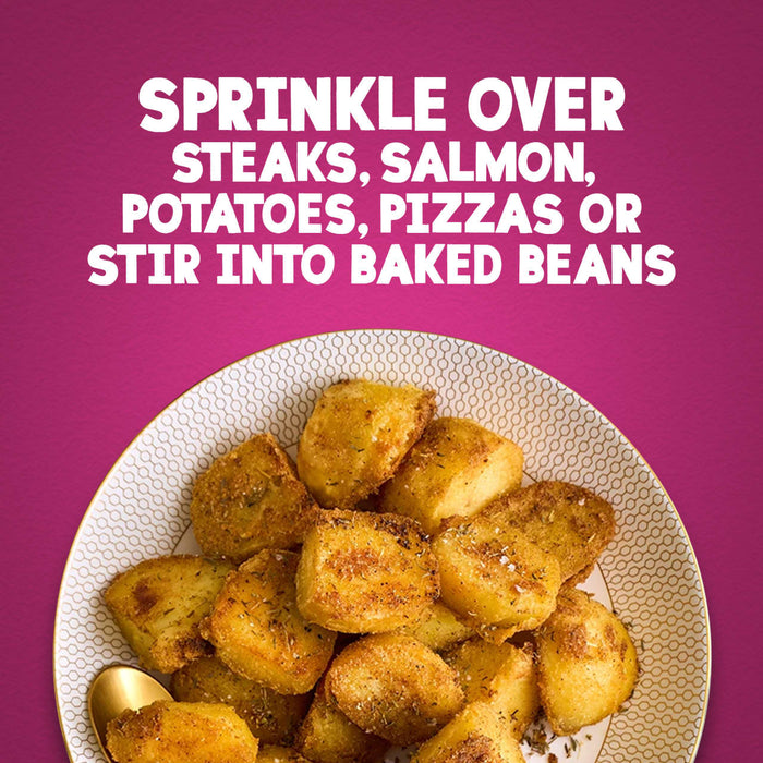 A plate of golden roasted potatoes seasoned with Schwartz Cajun Seasoning 44G is shown below text suggesting to sprinkle it over steaks, salmon, potatoes, pizzas, or stir it into baked beans.