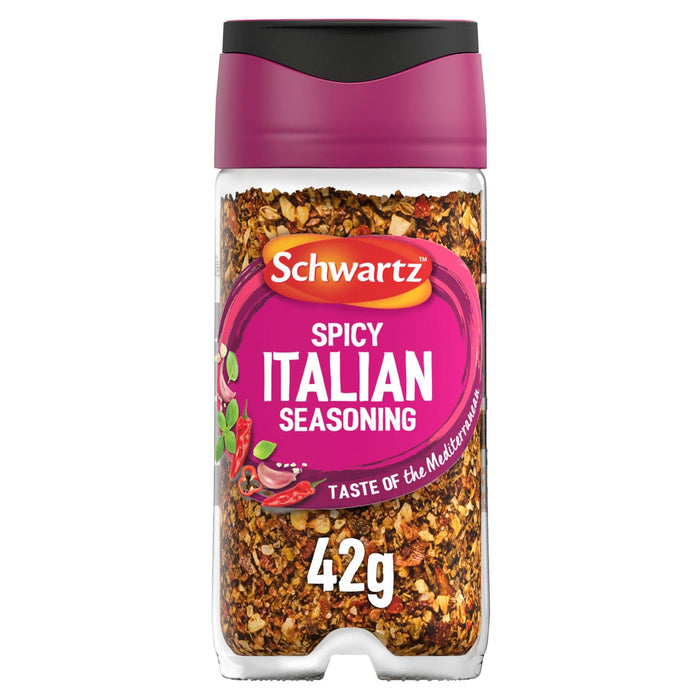 A 42g glass jar of Schwartz Spicy Italian Seasoning, 42G featuring a blend of dried herbs and chili flakes with a vibrant pink label and black flip-top lid.