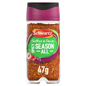 A clear glass jar of Schwartz Spicy Season All Seasoning47G Jar featuring a vibrant green and purple label with illustrations of red chillies and onion rings.