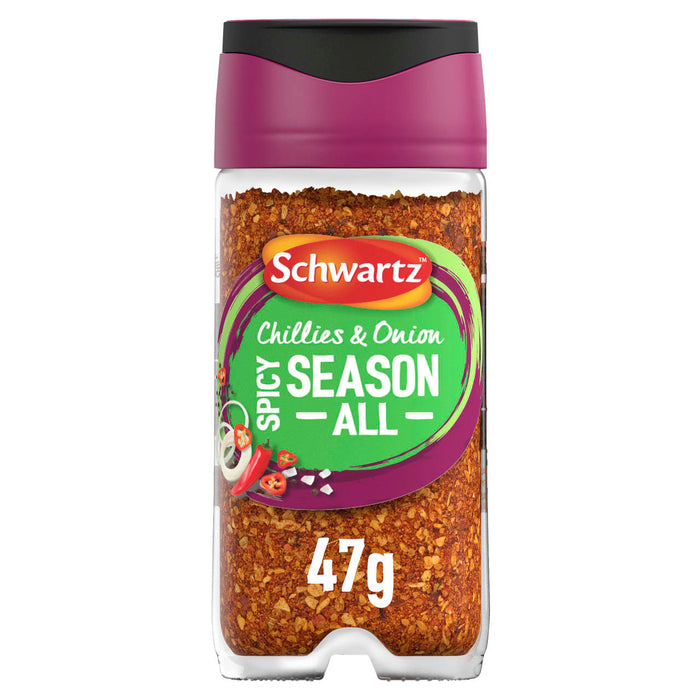 A clear glass jar of Schwartz Spicy Season All Seasoning47G Jar featuring a vibrant green and purple label with illustrations of red chillies and onion rings.
