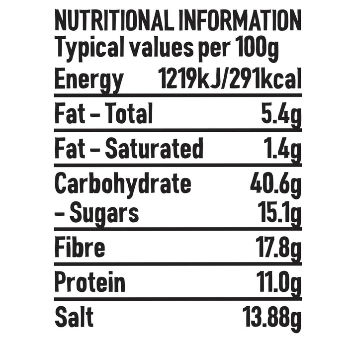 A nutritional information table for Schwartz Spicy Season All Seasoning47G Jar detailing values per 100g including 291 calories and 13.88g of salt.