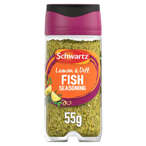 A clear glass jar of Schwartz Lemon and Dill Fish Seasoning 55G featuring a vibrant orange label with illustrations of lemon wedges and fresh dill.