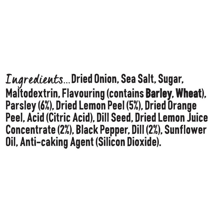 A list of ingredients for Schwartz Lemon and Dill Fish Seasoning 55G including dried onion, sea salt, sugar, maltodextrin, and flavouring with barley and wheat.