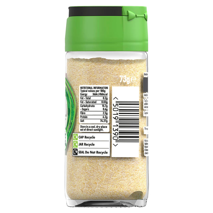 A clear jar of Schwartz Garlic Salt 73G Jar stands upright, with its label showing nutritional information and recycling symbols.