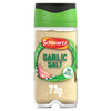 A clear plastic container of Schwartz Garlic Salt 73G Jar is shown against a white background, featuring a green and black lid.