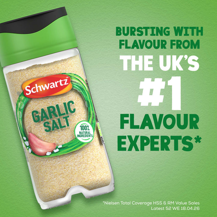 An advertisement shows a bottle of Schwartz Garlic Salt, 73G, on a green background with the text, Bursting with flavour from the UKs number 1 flavour experts.