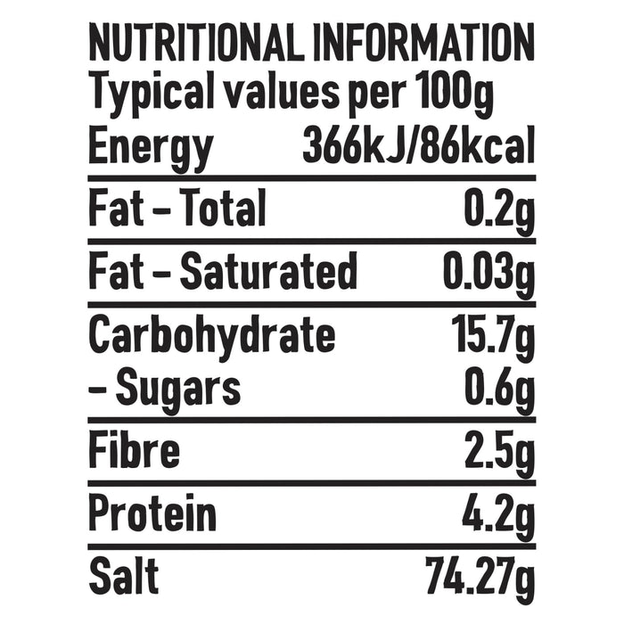 A nutritional information chart for Schwartz Garlic Salt 73G Jar detailing typical values per 100g including energy, fat, carbohydrates, fibre, protein, and salt content.