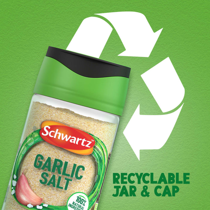 A jar of Schwartz Garlic Salt, 73G is shown against a green background with a large recycling symbol to highlight its recyclable jar and cap.