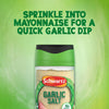 A serving suggestion to sprinkle Schwartz Garlic Salt, 73G, into mayonnaise for a quick garlic dip is displayed above a bottle of the product.