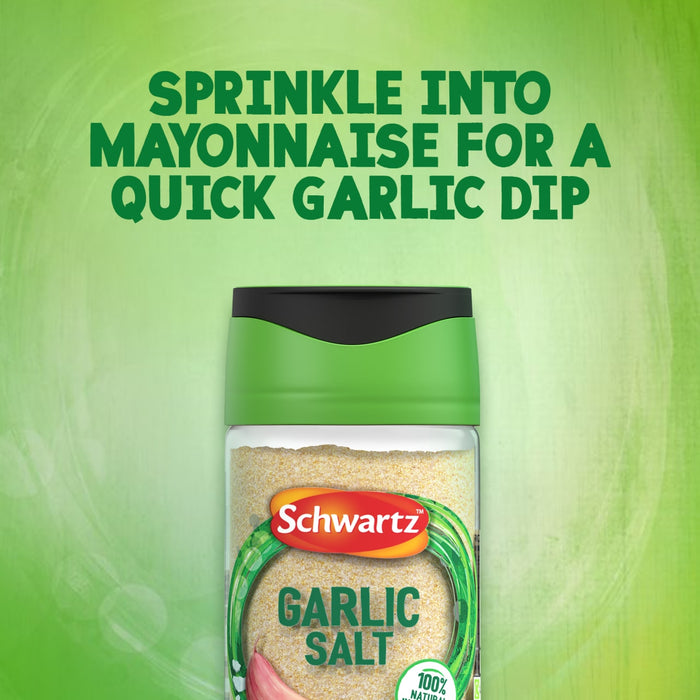 A serving suggestion to sprinkle Schwartz Garlic Salt, 73G, into mayonnaise for a quick garlic dip is displayed above a bottle of the product.