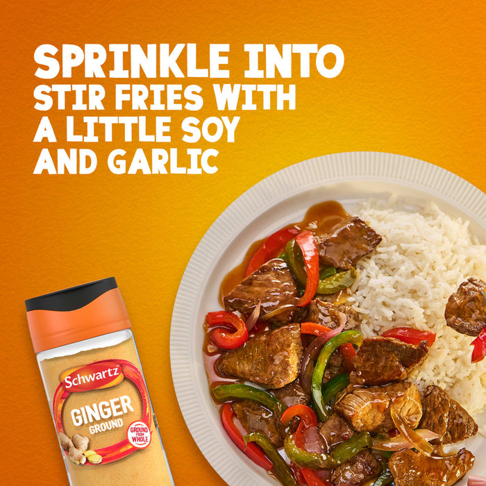 A bottle of Schwartz Ground Ginger 26G Jar is shown next to a plate of beef and pepper stir fry with rice to suggest sprinkling it into dishes with soy and garlic.