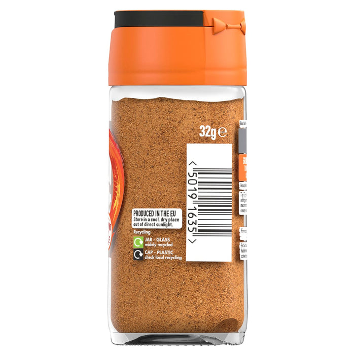 A rear view of a glass jar containing Schwartz Ground Nutmeg 32 G 