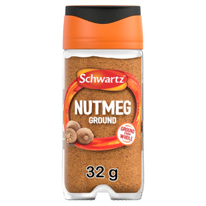 A clear glass Schwartz Ground Nutmeg 32G Jar with an orange and black lid showcases the finely ground brown spice inside.
