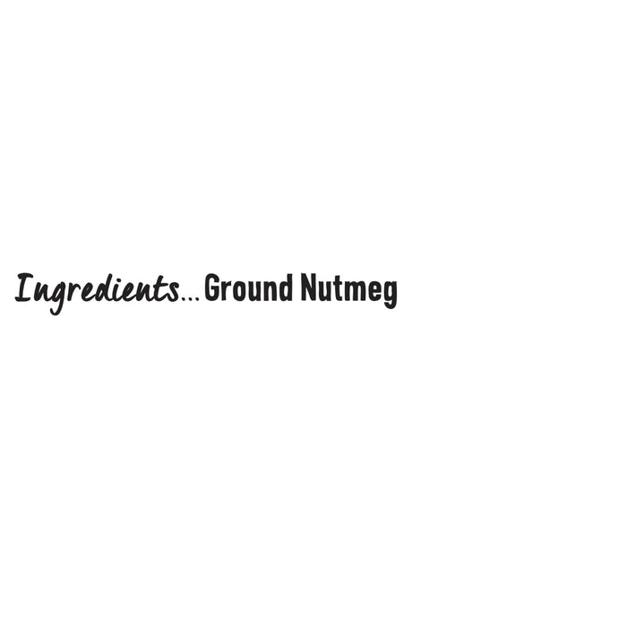 A simple graphic displaying the ingredient list for a Schwartz Ground Nutmeg 32G Jar against a plain white background.