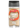 A clear glass jar of Schwartz Onion Salt 65G featuring a grey flip-top lid and a label with an illustration of fresh onion slices.