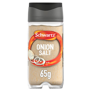 A clear glass jar of Schwartz Onion Salt 65G featuring a grey flip-top lid and a label with an illustration of fresh onion slices.