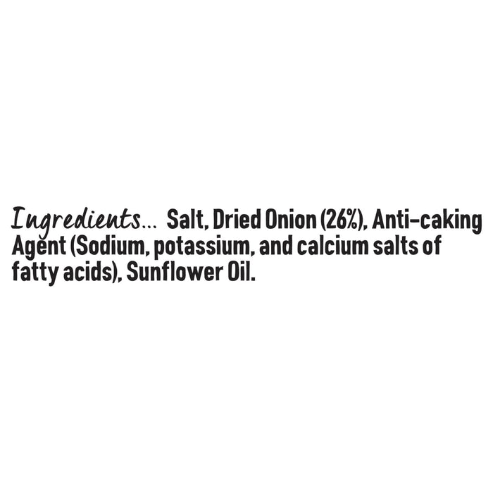A list of ingredients for Schwartz Onion Salt 65G including salt, 26 percent dried onion, anti-caking agent, and sunflower oil is displayed in black text on a white background.