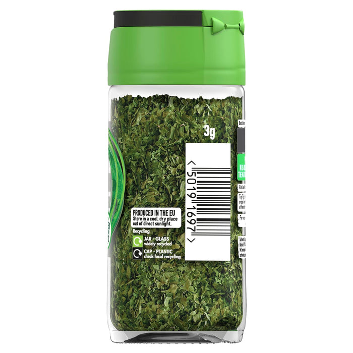 The back of a glass jar of Schwartz Flat Leaf Parsley 3G is shown, detailing recycling information, storage instructions, and the barcode.